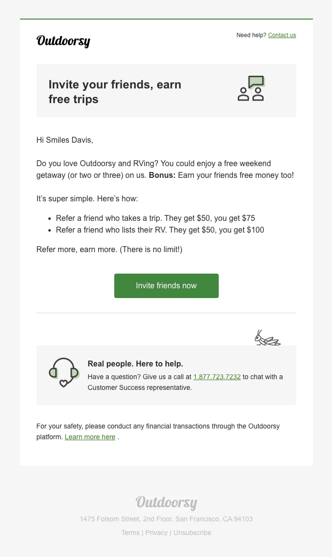 Outdoorsy Referral Marketing Email Example Growth Hacking
